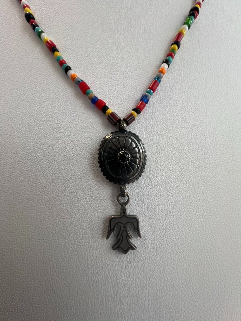 art nouveau thunder bird black onyx 925 QT marked seed beads necklace multicolor